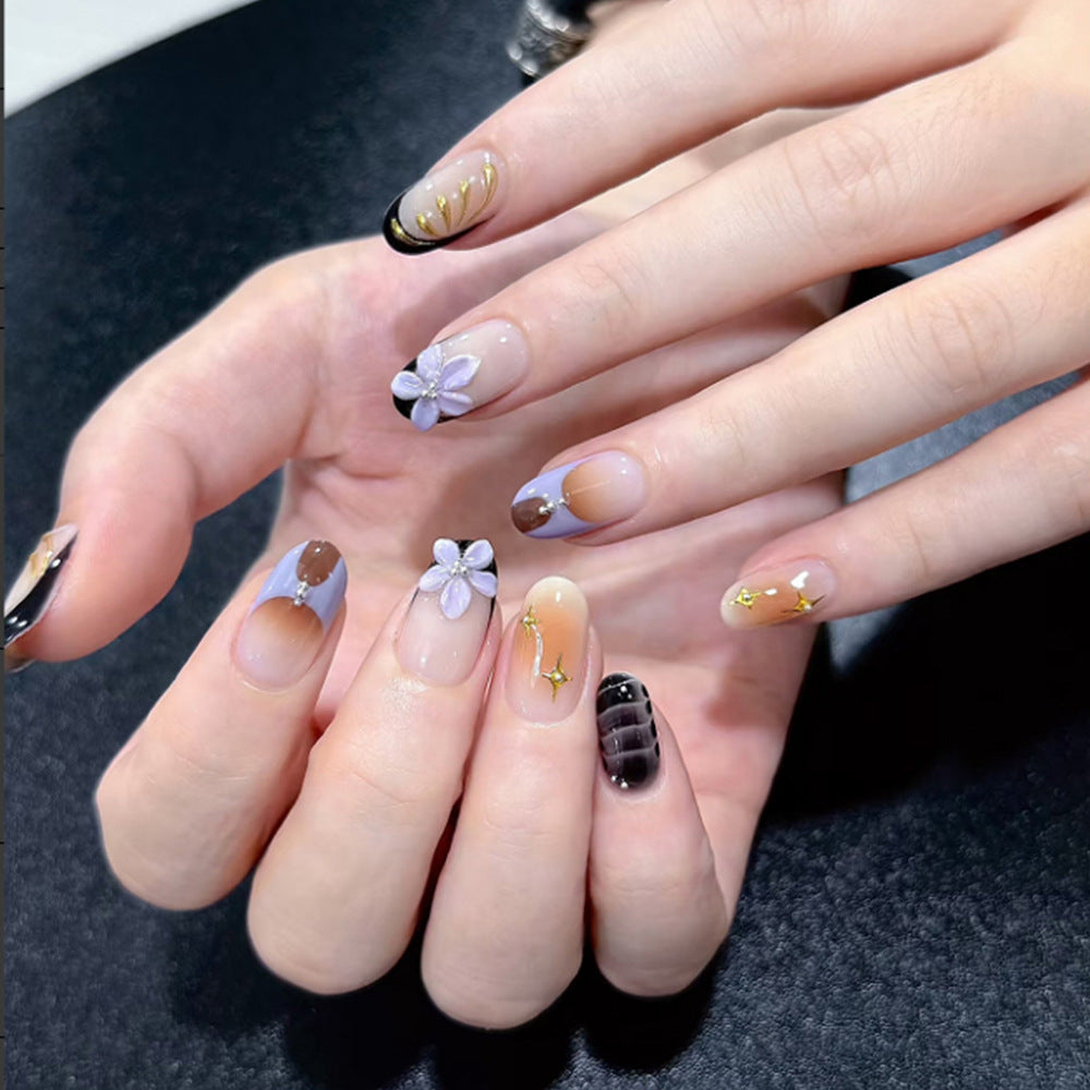 Whimsical Elegance Medium Oval Pastel Shades with Floral Accents and Gold Detailing Press-On Nail Set