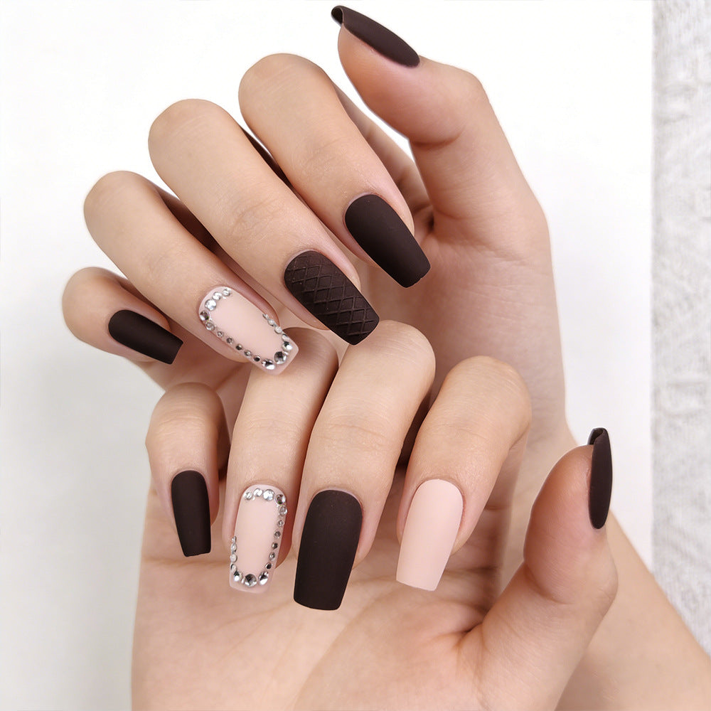 Chic Chocolate Elegance Long Square Matte and Glossy Brown and Beige with Diamond Accents Nail Set