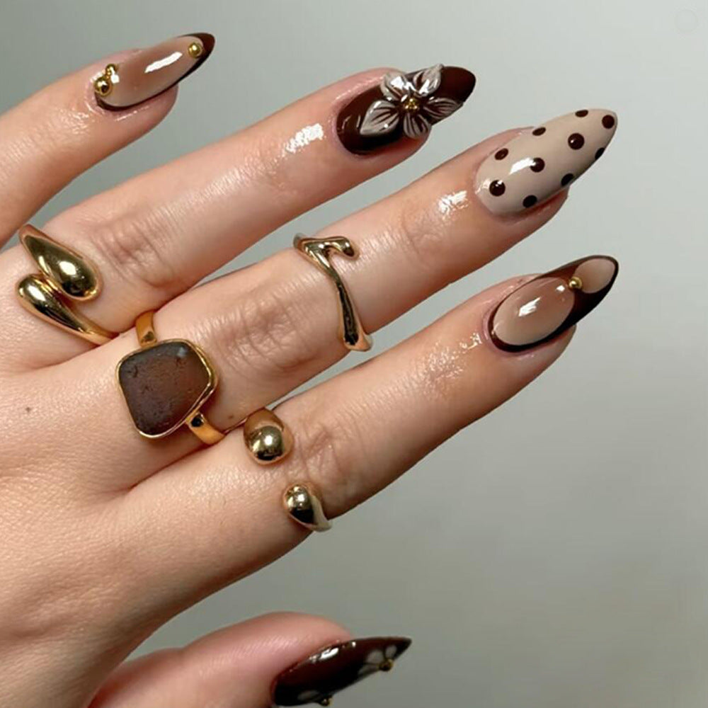 Gourmet Chocolate Fantasy Long Almond Brown Beige with Floral Accent and Glossy Finish Press on Nail Set