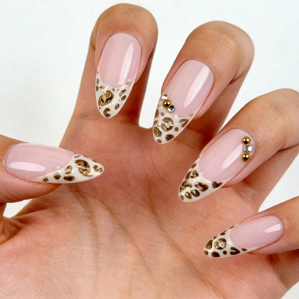 Wild Safari Glamour Elegant Long Almond Shaped Ivory and Beige Leopard Print Press On Nail Set with Stylish Rhinestone Accents