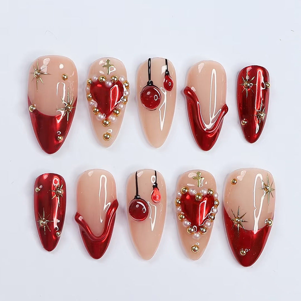 Chic Romance Long Almond Red Gradient Press On Nail Set with Heart and Ornament Accents