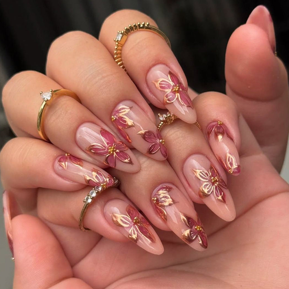 Floral Fantasy Medium Almond Pink Press On Nail Set with Delicate Flower Accents