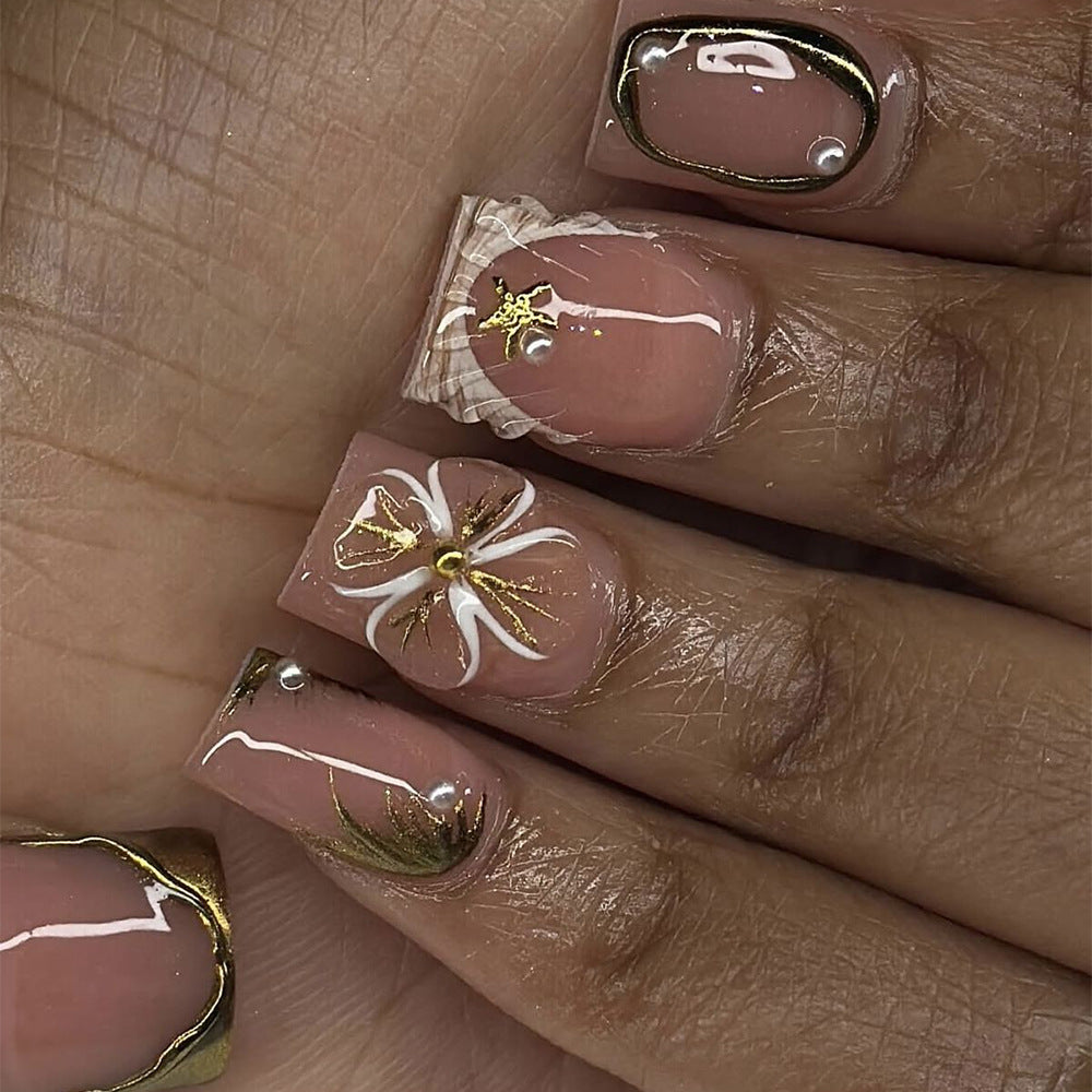 Elegant Oasis Short Square Beige with Floral Accent and Gold Detailing Press On Nail Set