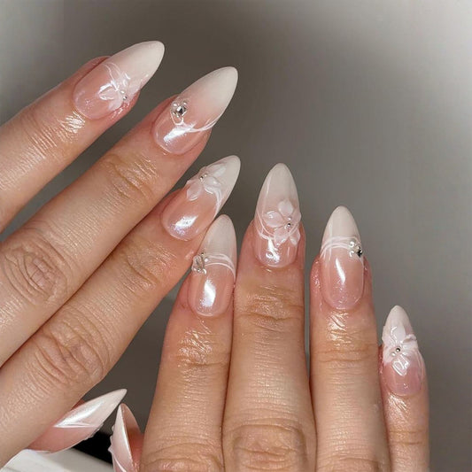 Elegant Garden Long Stiletto White with Floral Accents Press On Nail Set
