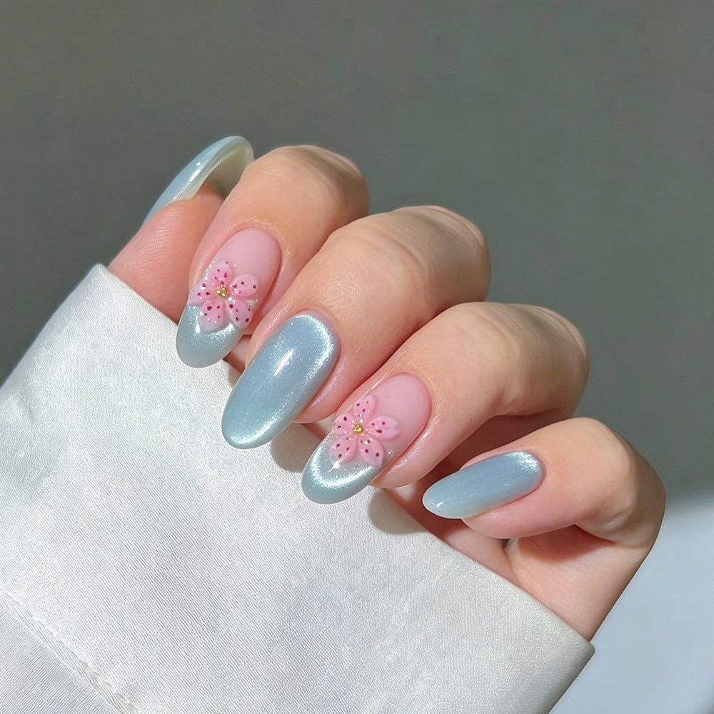 Blossoming Elegance Medium Oval Blue Ombre with Floral Accents Press On Nail Set