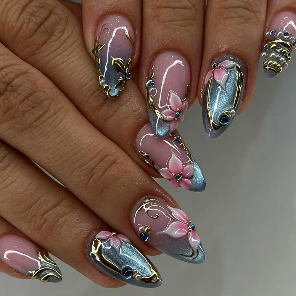 Garden Elegance Medium Almond Pink with Floral and Gold Accents Press-On Nail Set