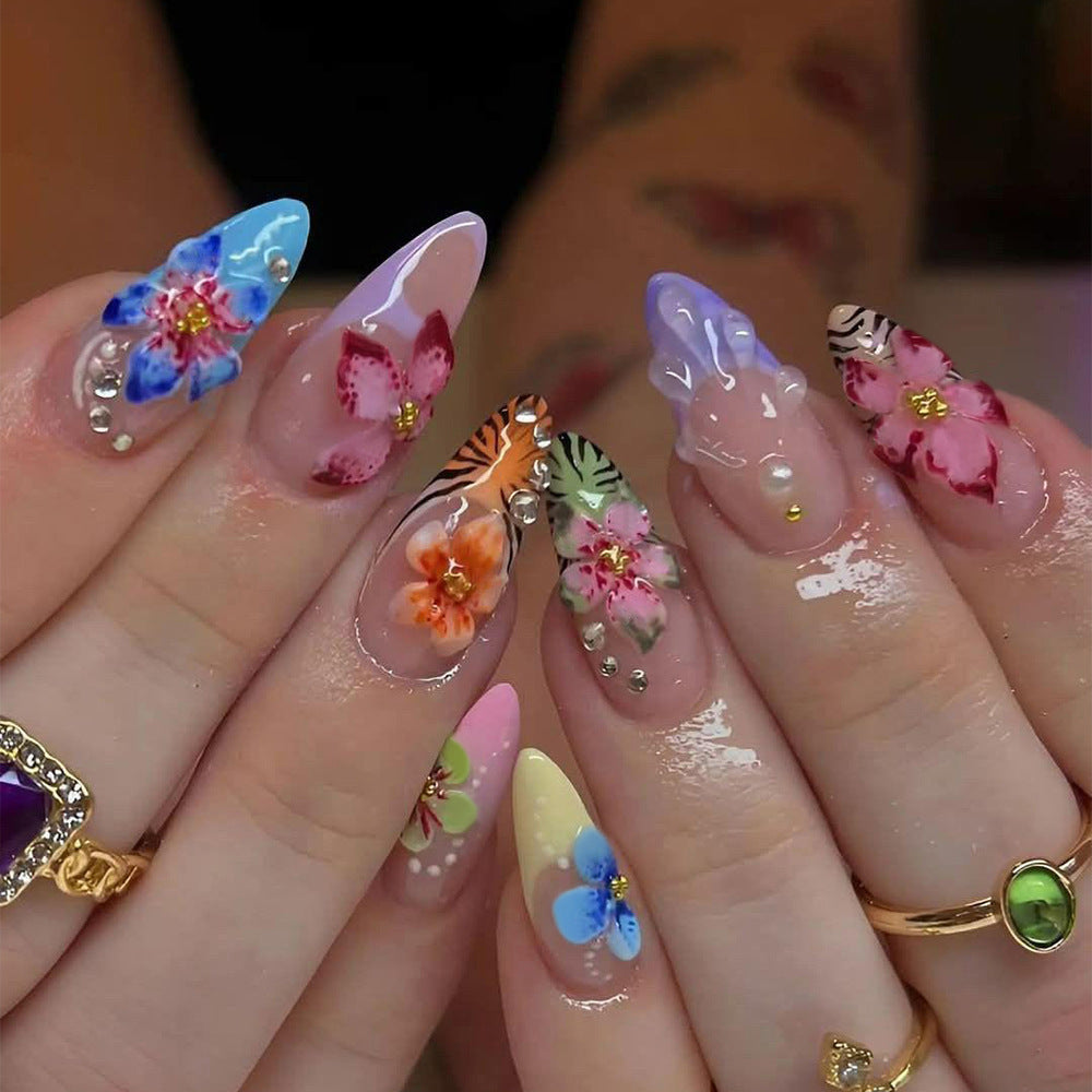 Tropical Floral Medium Almond Multicolor Nail Set with Gem Accents