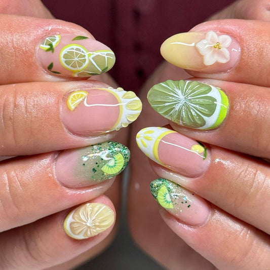 Citrus Splash Medium Almond Green Lemonade Press On Nail Set with Floral Accent