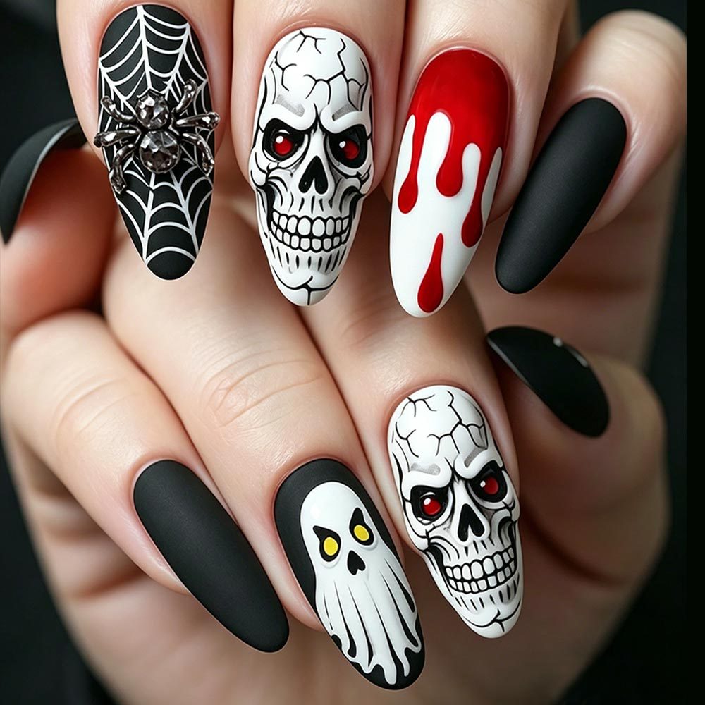 Spooky Chic Long Almond Matte Finish with Skull and Spider Design Press On Nail Set