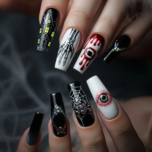 Spooky Gothic Long Square Black and White Nail Set with Eye-Catching Artistic Designs