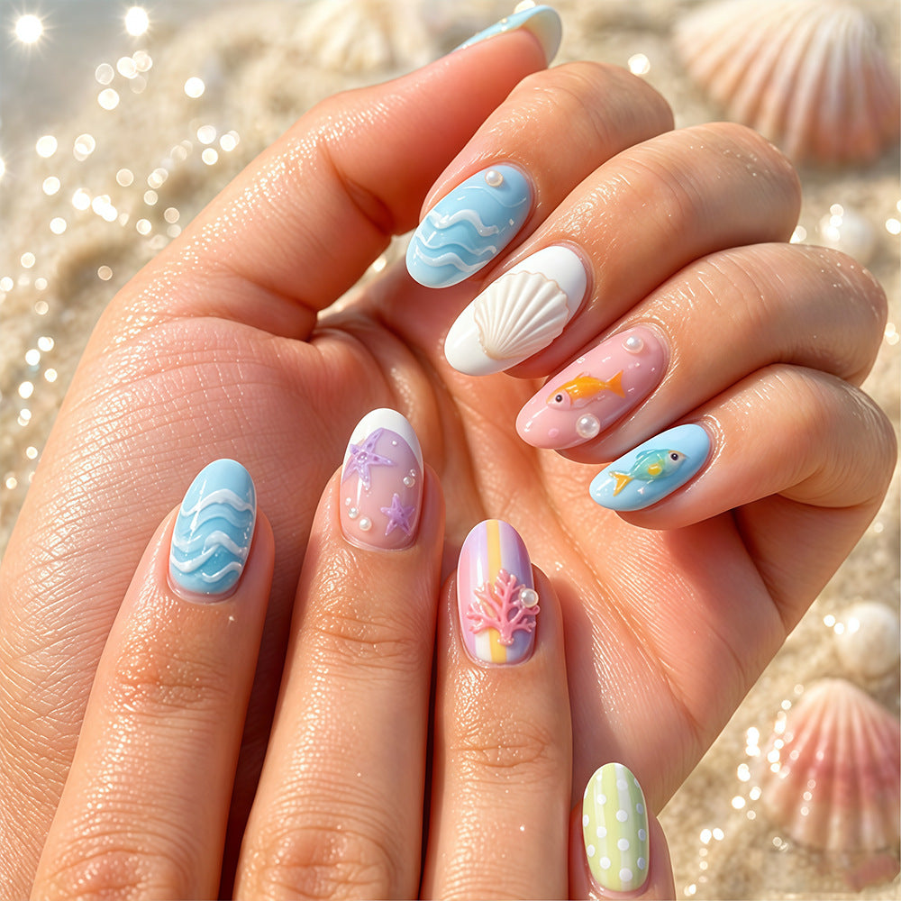 Ocean Inspired Short Oval Sky Blue and Coral Reef Design Press On Nail Set