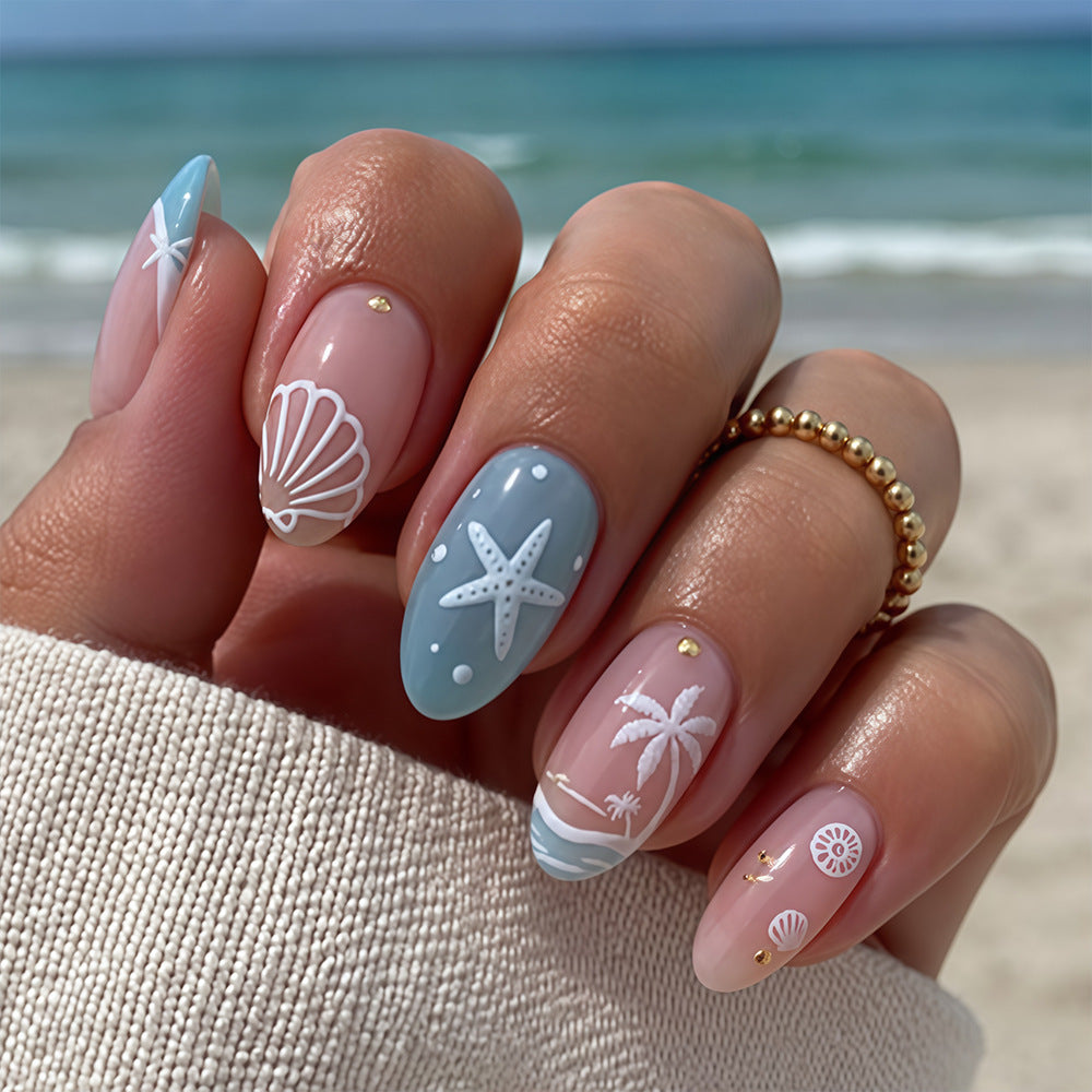 Tropical Serenity Medium Oval Ocean Blue with Elegant Seashell Designs Press on Nail Set