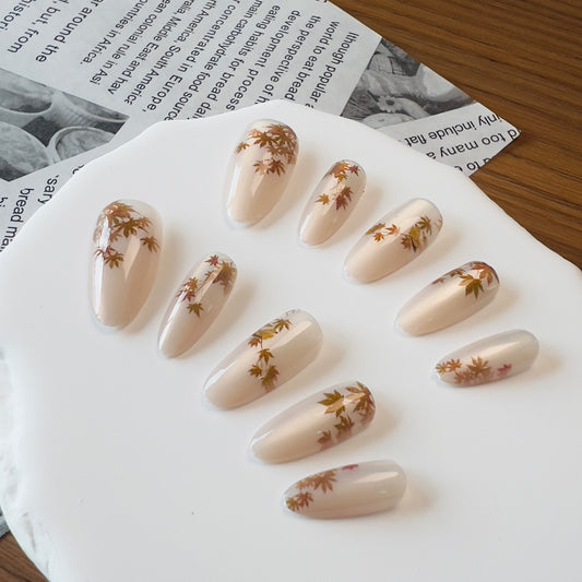Autumn Elegance Medium Oval Beige with Golden Leaf Accents Press On Nail Set