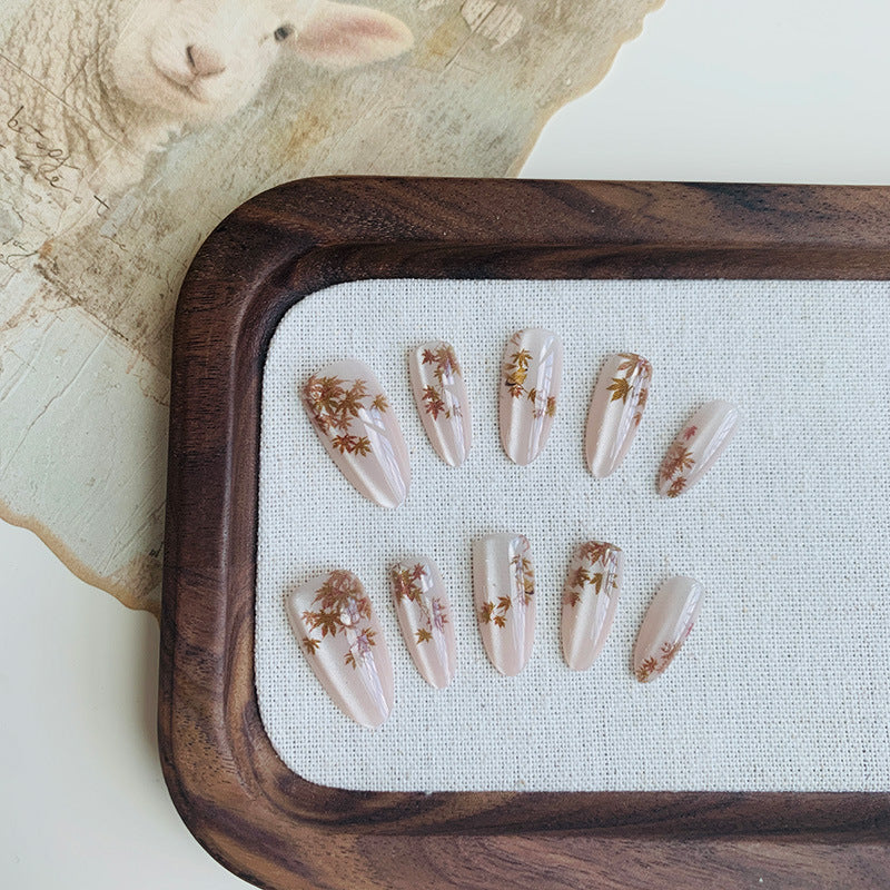 Autumn Elegance Medium Oval Blush Pink Press-On Nails with Artistic Floral Accents