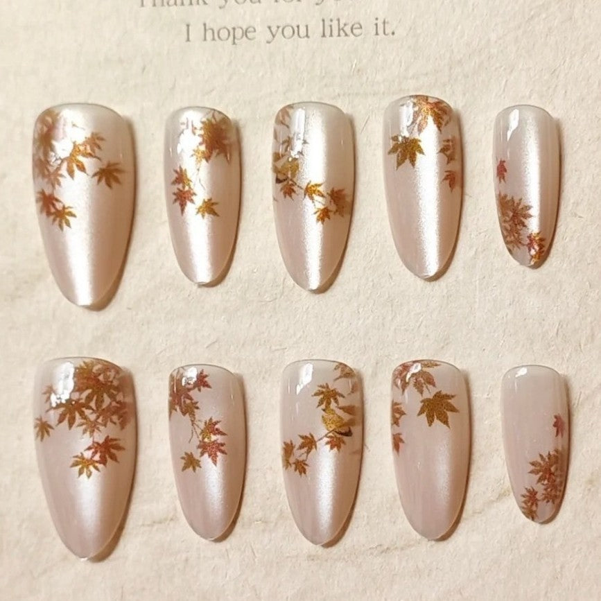 Autumn Elegance Medium Almond Beige with Gold Leaf Details Press on Nail Set