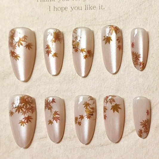 Autumn Elegance Medium Almond Beige with Gold Leaf Details Press on Nail Set