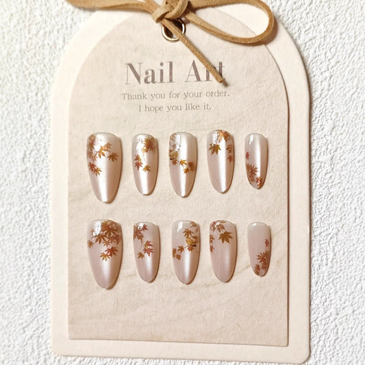 Autumn Enchantment Medium Almond Rose Gold Floral Press On Nail Set