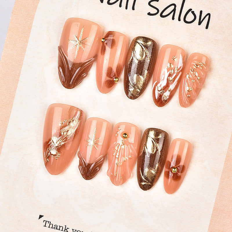 Autumn Elegance Medium Almond Rose Gold Nail Set with Glittering Accents