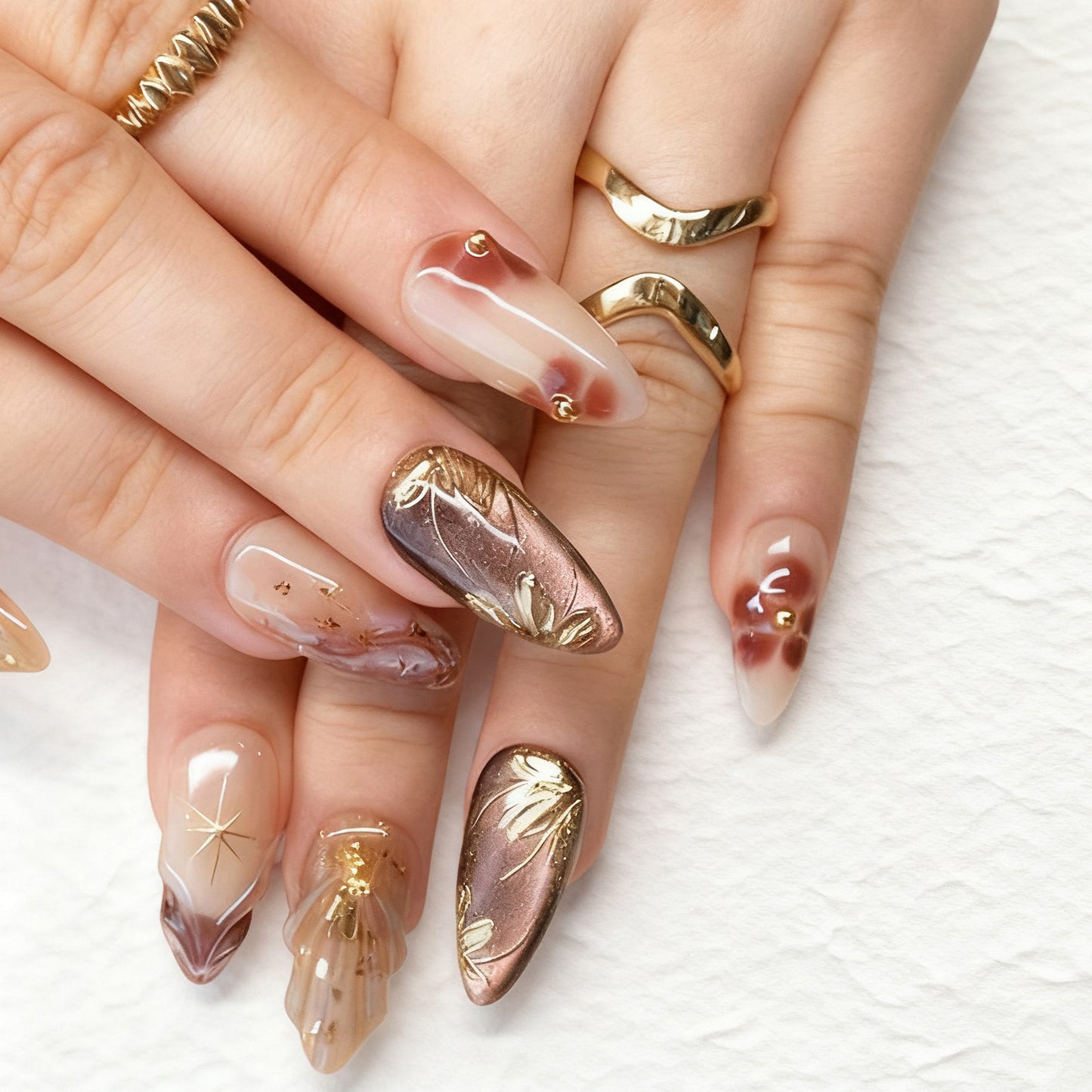 Elegant Autumn Vibes Medium Almond Beige with Unique Gold Foil Accents Press On Nail Set