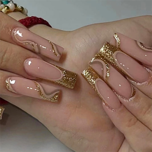 Glamorous Gala Long Coffin Beige Press On Nails with Gold Glitter Accents