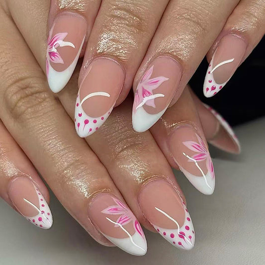Blooming Elegance Long Almond Shaped Soft Pink with Floral Art Press On Nail Set