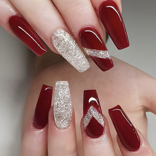 Glamorous Evening Vibes Long Coffin Burgundy with Glitter Accent and Sleek Finish Press-On Nail Set