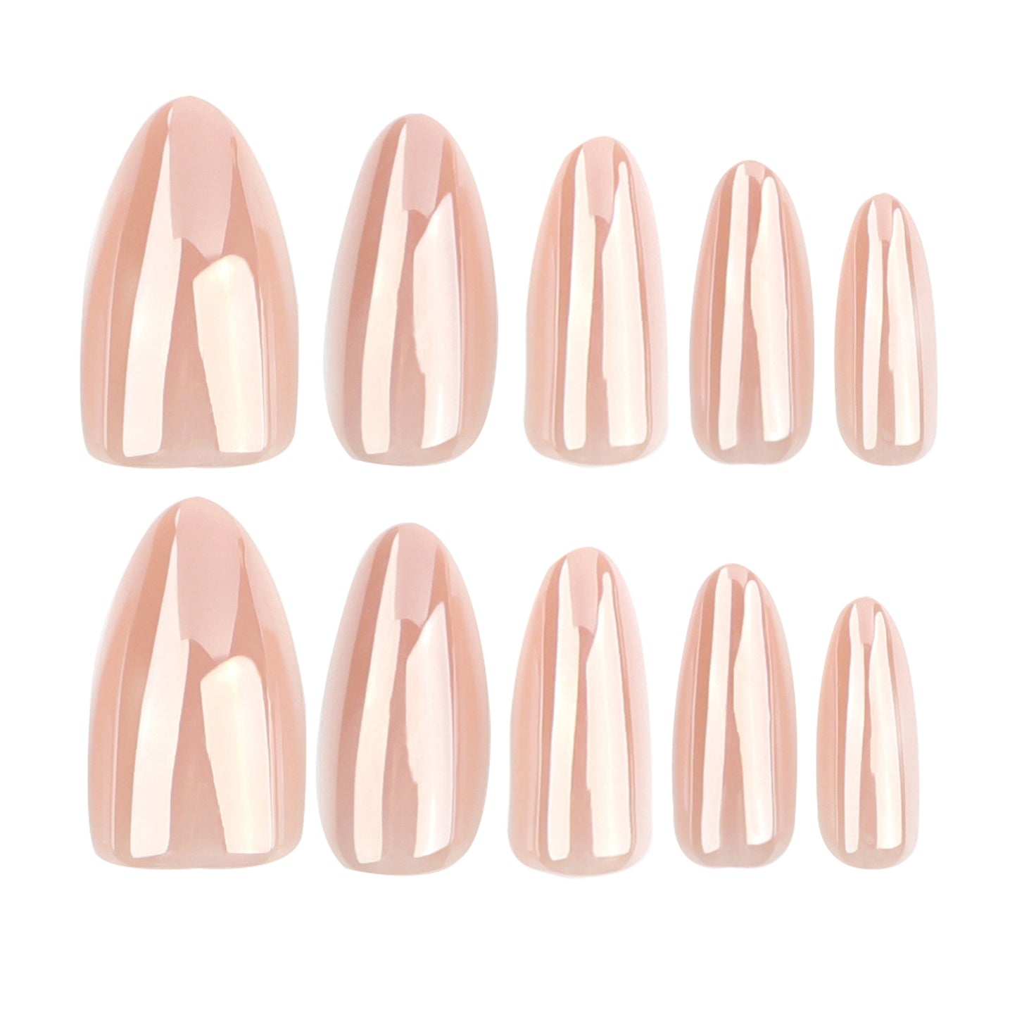 A set of eight medium almond-shaped press-on nails with a soft pink glossy finish.