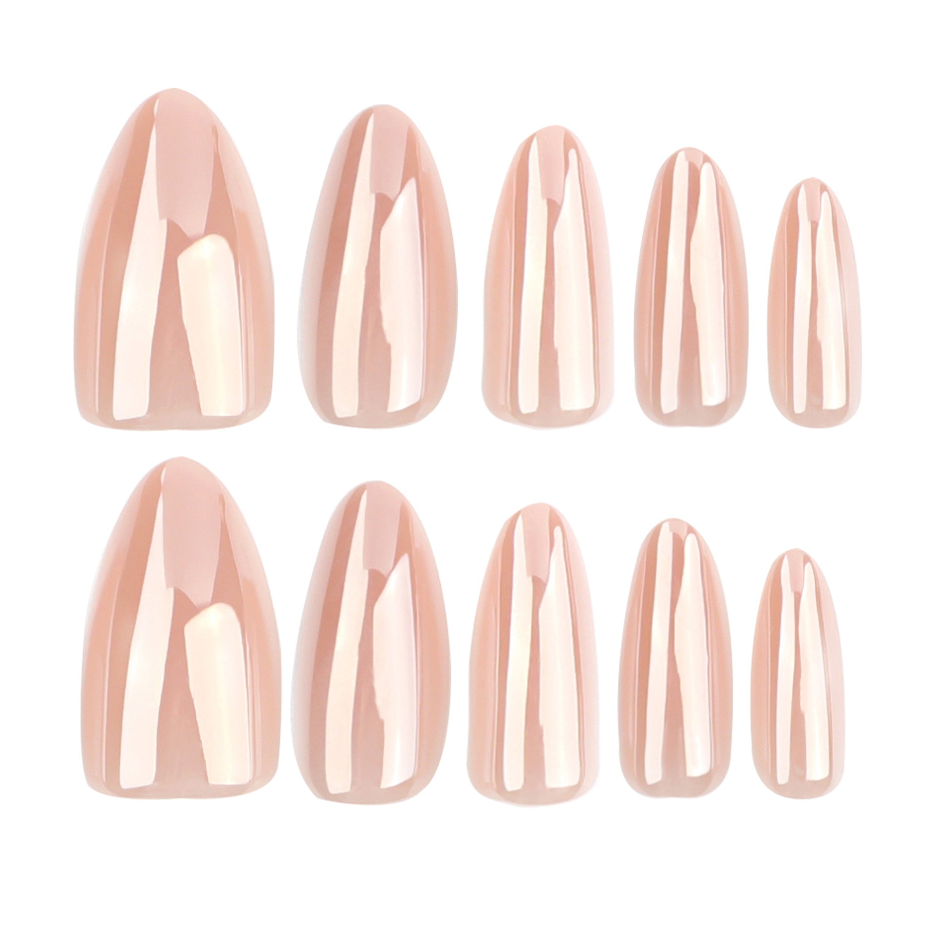 A set of eight medium almond-shaped press-on nails with a soft pink glossy finish.