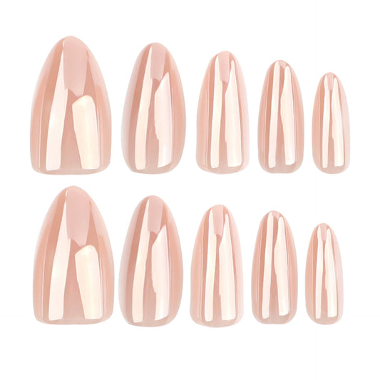 A set of eight medium almond-shaped press-on nails with a soft pink glossy finish.