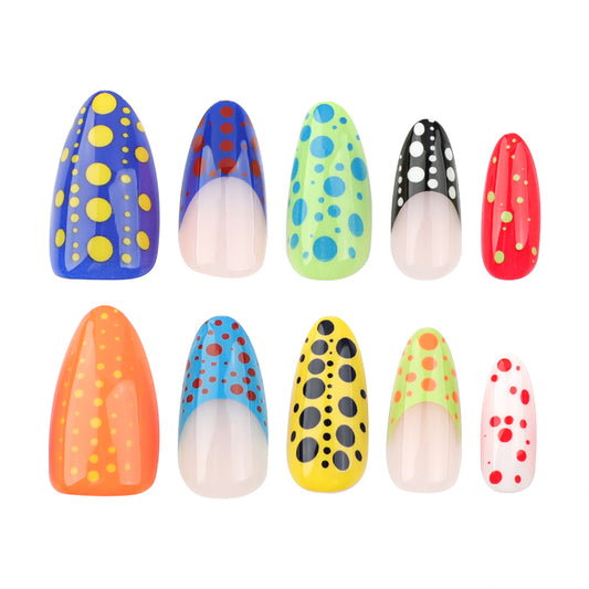Vibrant Polka Dot Fantasy Medium Almond Colorful Press On Nail Set Featuring Eye-Catching Dotted Design