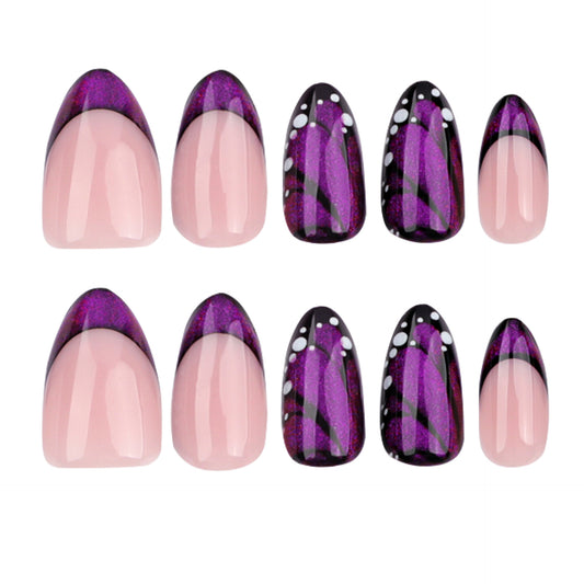 Mystical Twilight Dream Medium Almond Shaped Gradient Purple Press On Nail Set with Artistic Contrast Detail