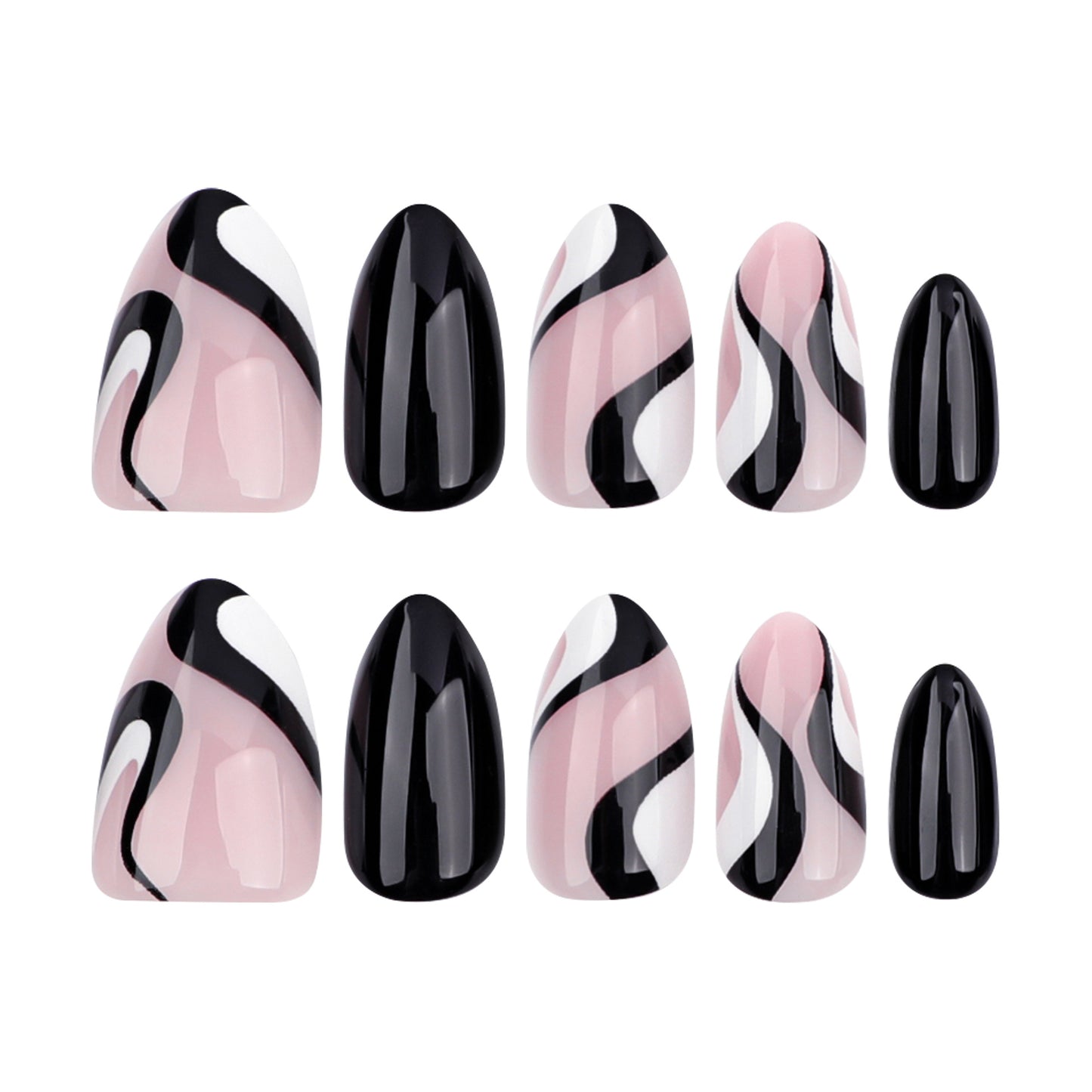 Chic Elegance Short Almond Black and Pink Swirl Design Press-On Nail Set