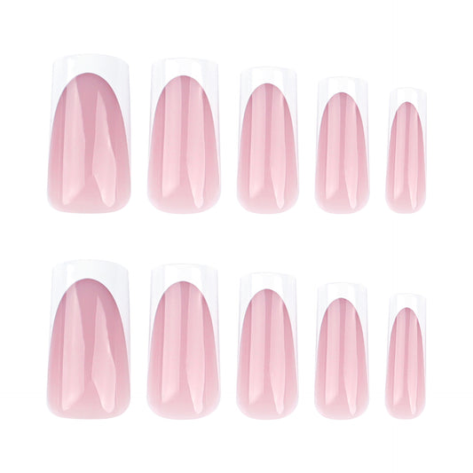Chic Elegance Long Square Blush Pink Press On Nail Set with Stunning French Tip Design