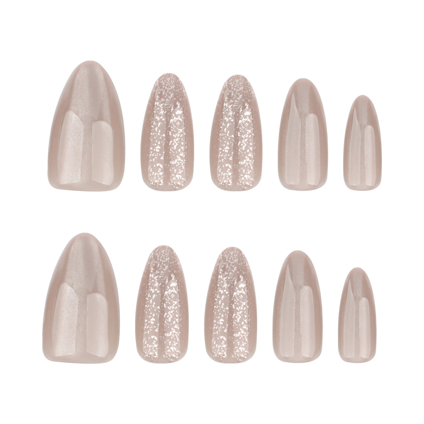 Elegant Eco Chic Medium Almond Shape Soft Beige Color with Sparkling Glimmer Press On Nail Set