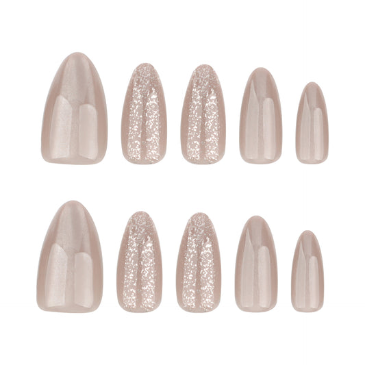 Elegant Eco Chic Medium Almond Shape Soft Beige Color with Sparkling Glimmer Press On Nail Set