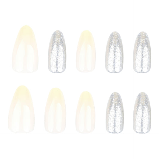 Glistening Winter Wonderland Medium Almond Shaped Soft White and Shimmering Silver Press On Nail Set