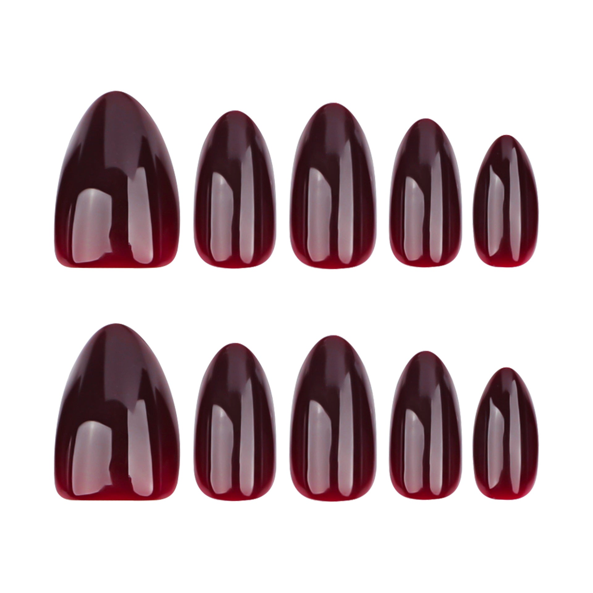 A set of almond-shaped press-on nails in a deep burgundy glossy color.