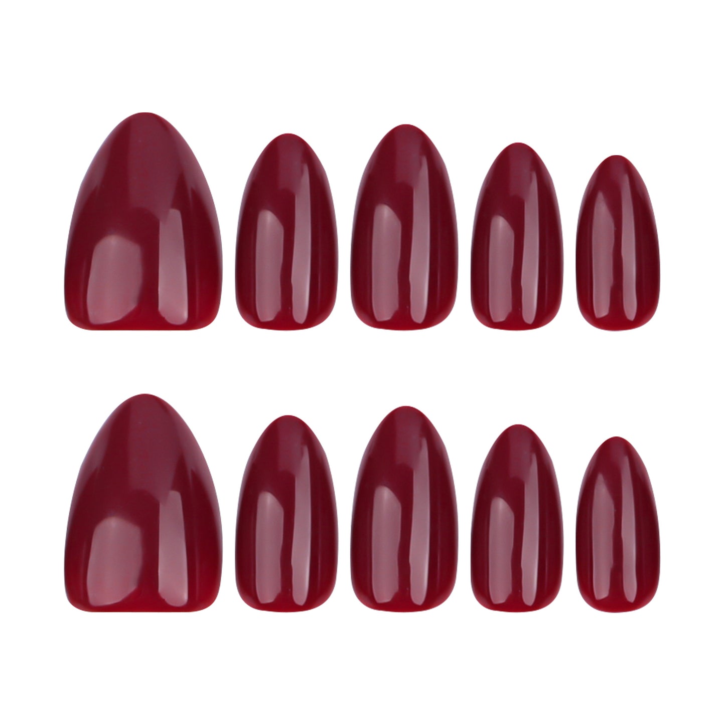 A set of press-on nails in burgundy color with an almond shape and a glossy finish, displayed in a gradient arrangement to show different sizes.