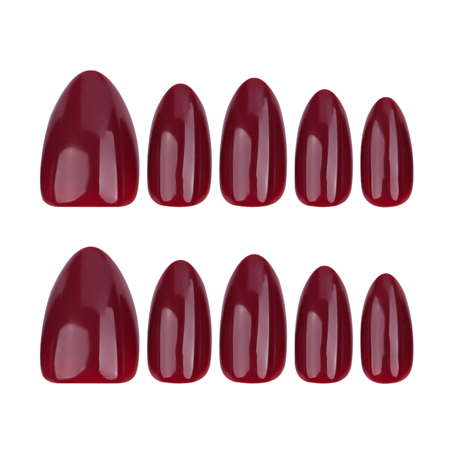 A set of press-on nails in burgundy color with an almond shape and a glossy finish, displayed in a gradient arrangement to show different sizes.
