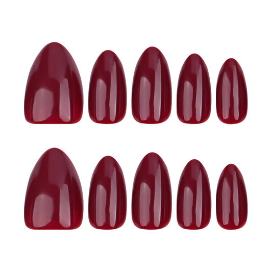 A set of press-on nails in burgundy color with an almond shape and a glossy finish, displayed in a gradient arrangement to show different sizes.