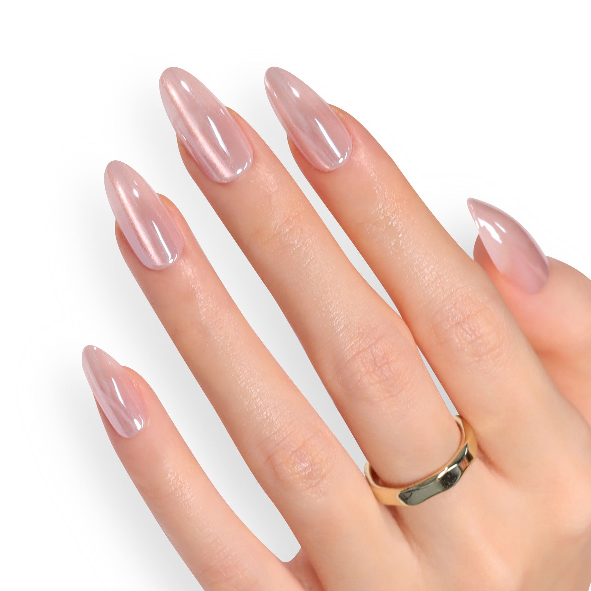 A hand with medium oval shape nails painted in a translucent pink color with a mirror shine finish.