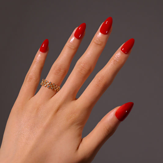 Glamorous Scarlet Elegance Long Almond Red Press On Nail Set with Glossy Finish