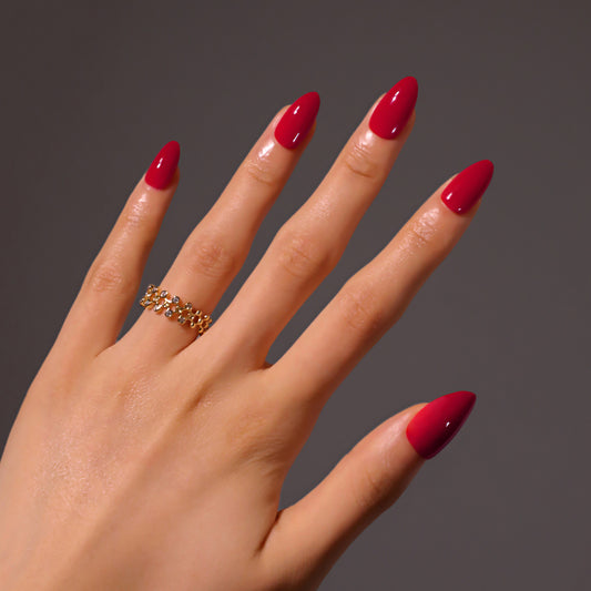 Glamorous Elegance Long Almond Shaped Vibrant Red Glossy Press On Nail Set with Stunning Shine