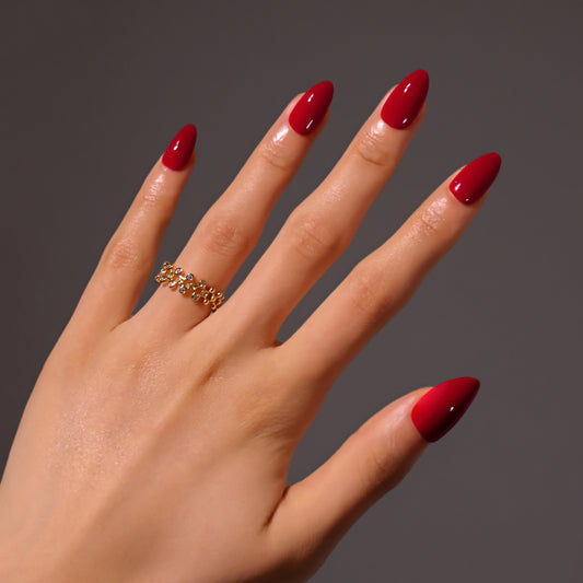 Elegant Night Glamour Medium Almond Shaped Deep Red Press On Nail Set with High Gloss Finish