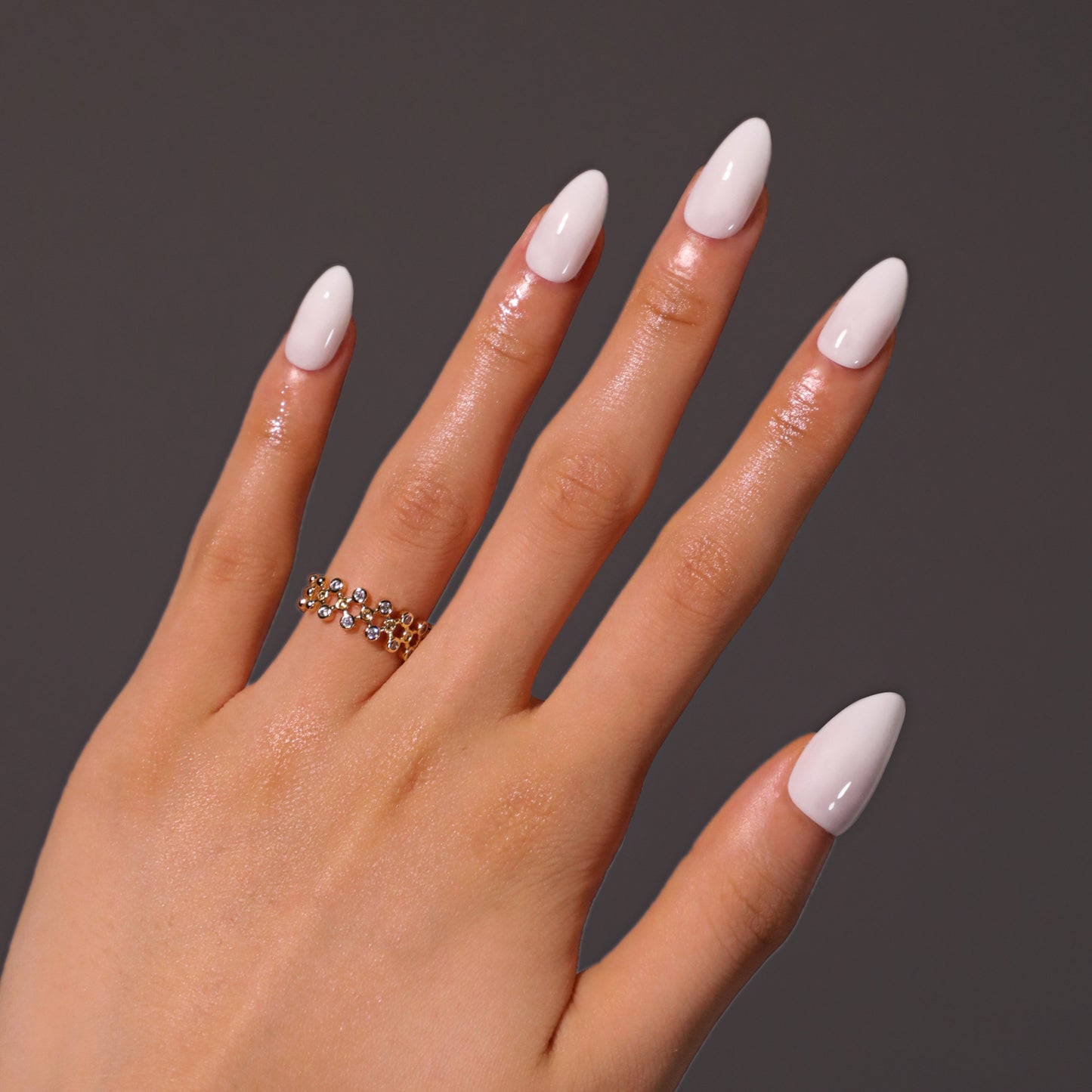Elegant Winter Wonderland Medium Almond Shaped Glossy White Press On Nail Set with Sparkling Tips