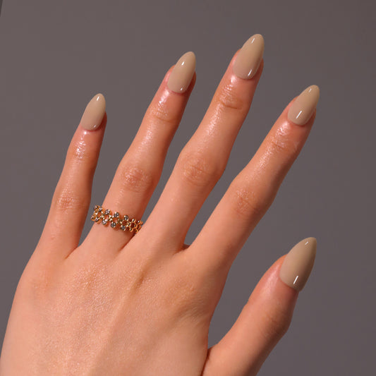 Elegant Serenity Medium Almond Shaped Beige Press On Nails with Glossy Finish