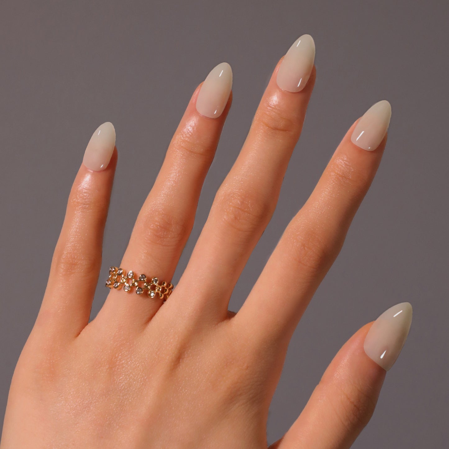 Elegant Floral Fantasy Medium Almond Shaped Neutral Beige Press On Nail Set with Glossy Finish