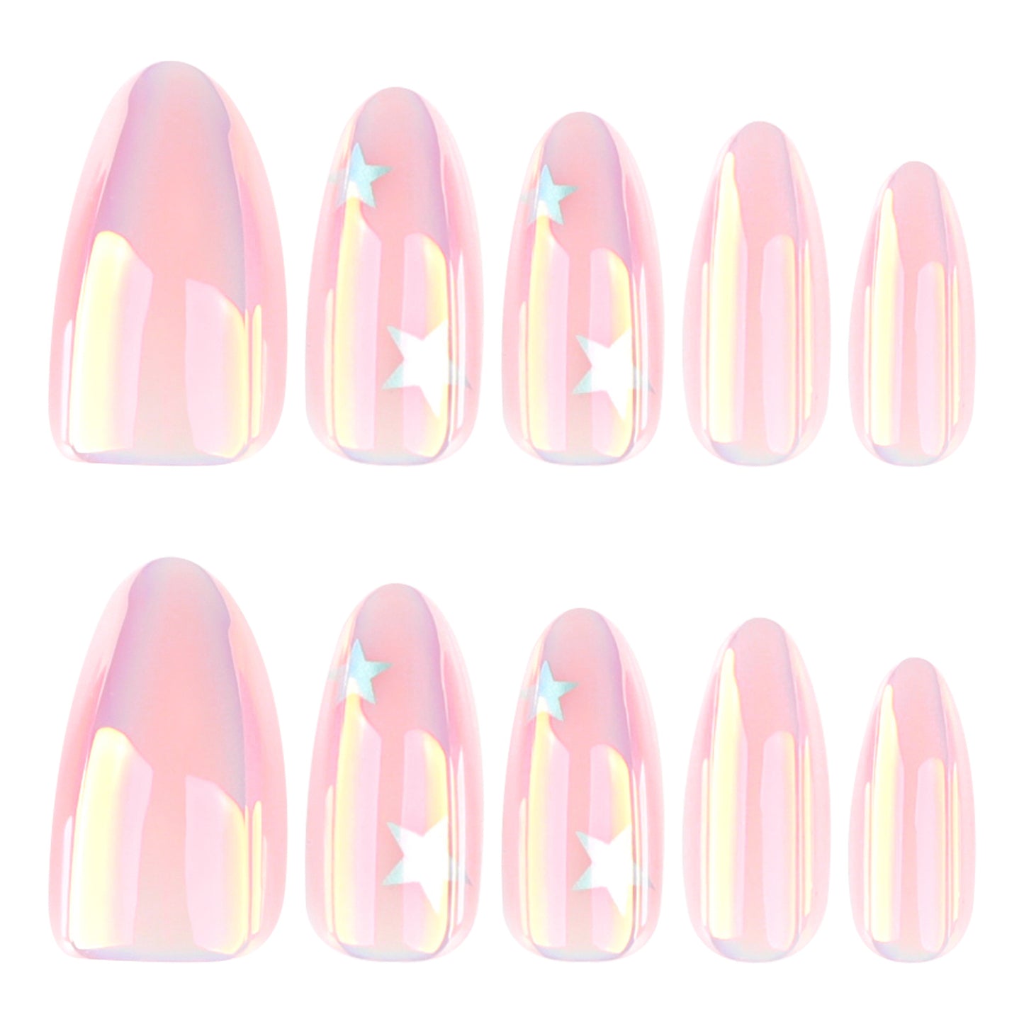 Celestial Dreams Iridescent Medium Pink Almond-Shaped Press-On Nail Set with Star Accents