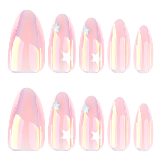 Celestial Dreams Iridescent Medium Pink Almond-Shaped Press-On Nail Set with Star Accents
