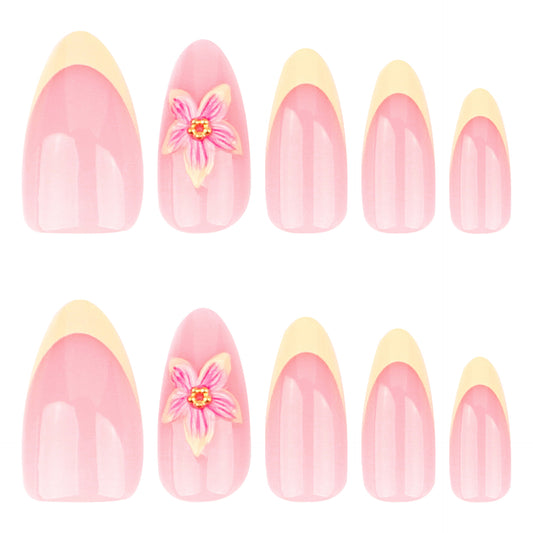 Floral Elegance Medium Almond Pink Press on Nail Set with Charming Floral Accent